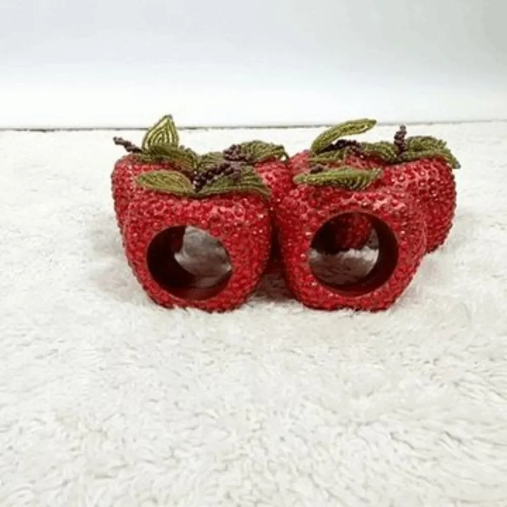 Set of 6 Bejeweled Apple Napkin Rings Kitchen Table Decor Beaded Summer Fall
